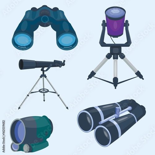 Professional camera lens binoculars glass look-see spyglass optics device camera digital focus optical equipment vector illustration