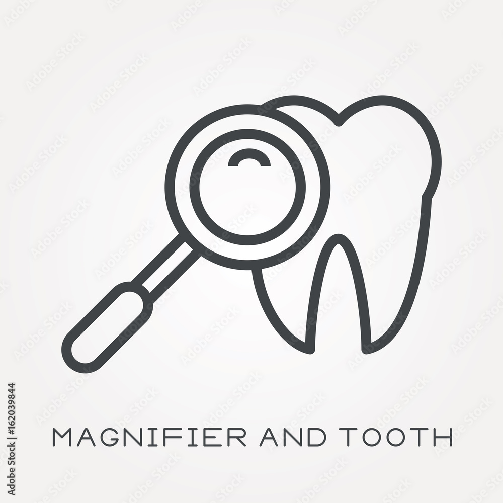 Line icon magnifier and tooth Line icon magnifier and tooth