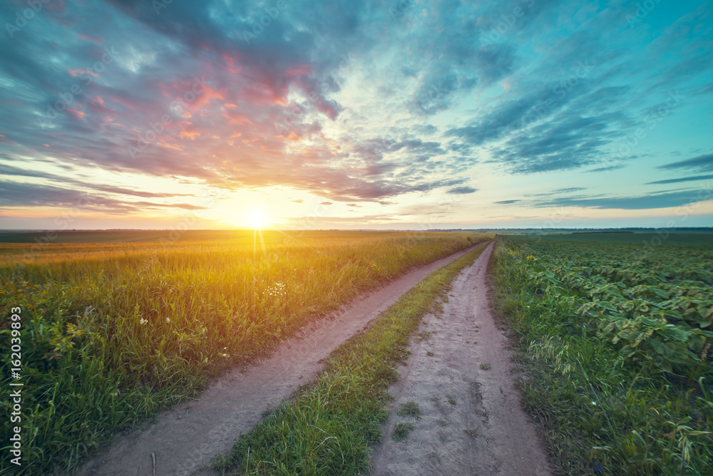 Picturesque landscape scene and sunrise above road