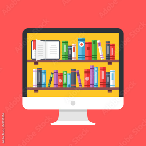 Bookshelves with books on computer screen. Desktop PC with books on shelves. Digital online library, e-book, ebooks. Modern flat design vector illustration