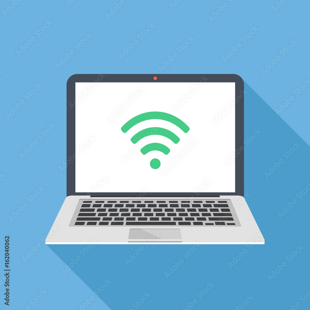 Wi-Fi icon on laptop screen. Wireless technology, wifi connection, wireless network, hotspot concepts. Modern flat design vector illustration Wi-Fi icon on laptop screen. Wireless technology, wifi connection, wireless network, hotspot concepts. Modern flat design vector illustration
