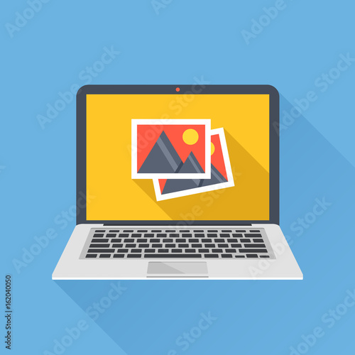 Photos icon on laptop screen. Multimedia, sharing images, digital photo album app concepts. Modern simple long shadow flat design. Creative vector illustration