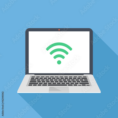 Wi-Fi icon on laptop screen. Wireless technology, wifi connection, wireless network, hotspot concepts. Modern flat design vector illustration © Jane Kelly