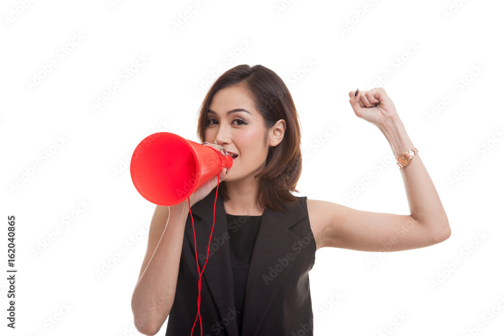 Beautiful young Asian woman announce with megaphone. Beautiful young Asian woman announce with megaphone.