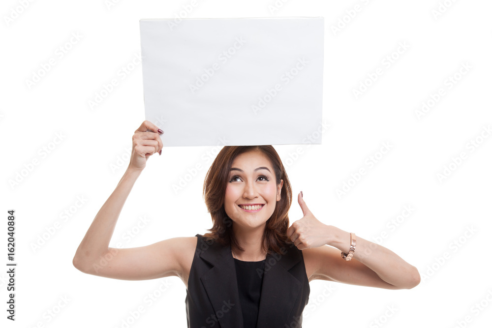 Young Asian woman show thumbs up with white blank sign. Young Asian woman show thumbs up with white blank sign.