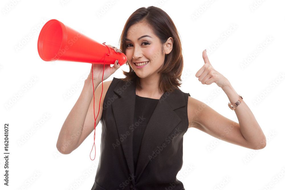 Beautiful young Asian woman show thumbs up announce with megaphone. Beautiful young Asian woman show thumbs up announce with megaphone.