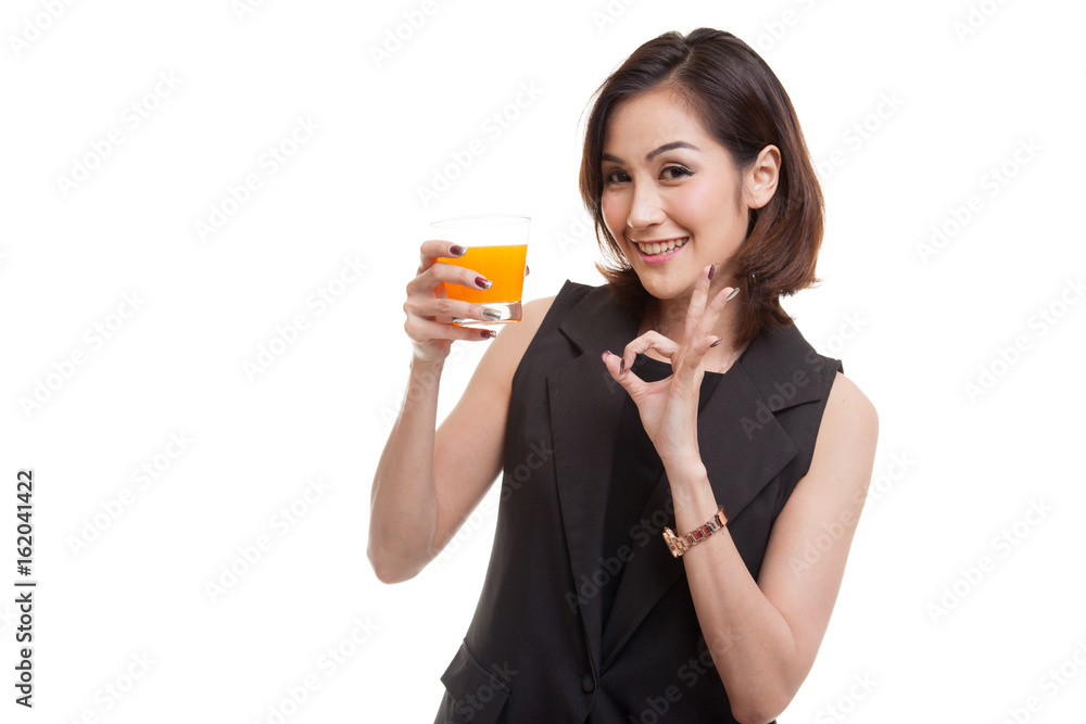 Young Asian woman show OK drink orange juice. Young Asian woman show OK drink orange juice.