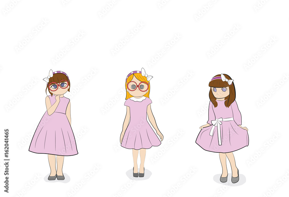 Girls in dresses. Hand drawn cartoon vector illustration for design and infographic. Girls in dresses. Hand drawn cartoon vector illustration for design and infographic.