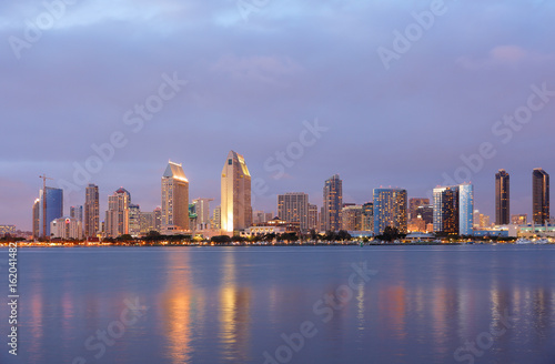 Panorama view of San Diego Skyline After Sunset. Photo Showing Downtown viewing from Centennial Park.  San Diego is on the coast of the Pacific Ocean in Southern California  USA.