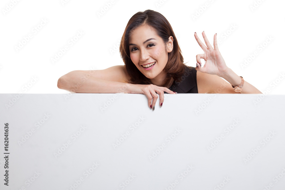 Young Asian woman show OK with blank sign. Young Asian woman show OK with blank sign.