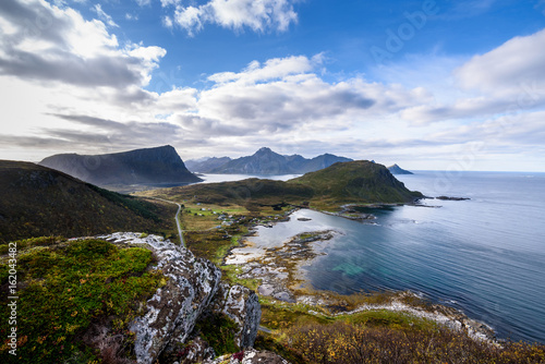 view of Beautiful mountain landscape with Norwegian sea at holandsmelen, lofoten, Norway photo