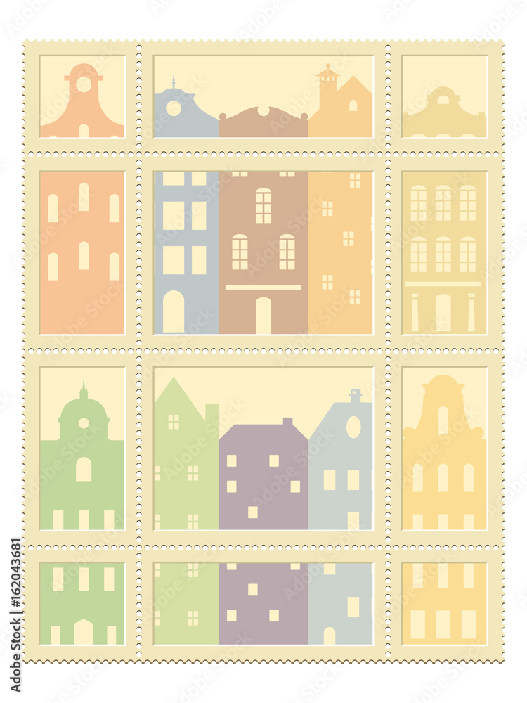 Postage Stamps Set with translucent old european cityscape Vector template isolated on white background