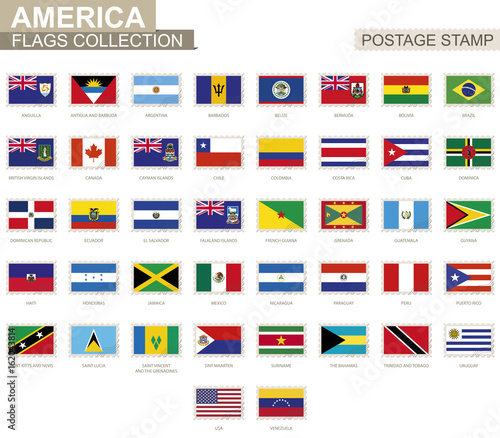 Postage stamp with America flags. Set of 42 American flag.