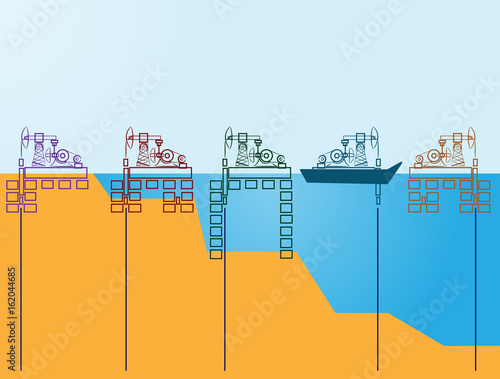 Oil extraction sea platform in the circle. Flat design vector illustration.