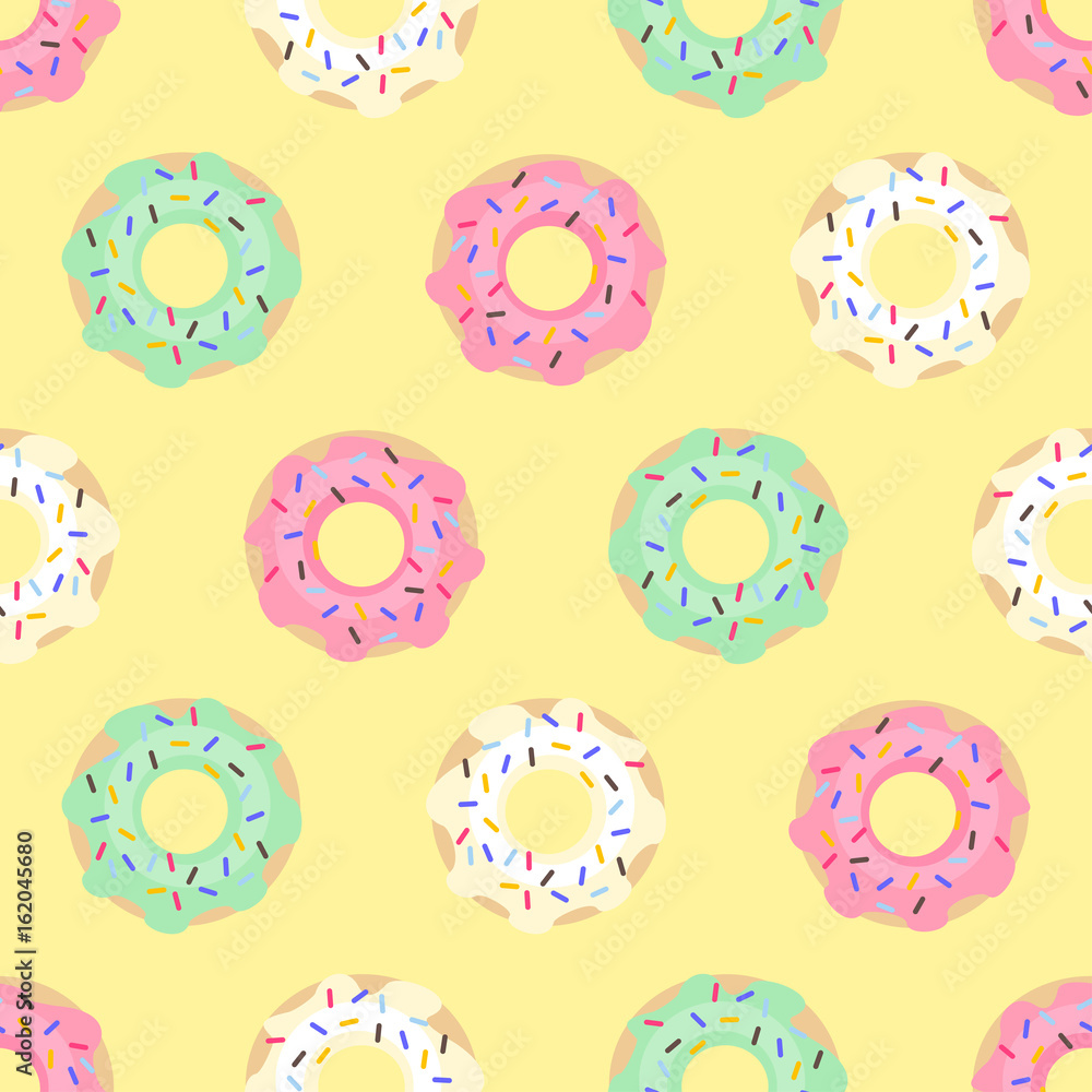 Donuts seamless pattern on yellow background. Cute sweet food background.  Colorful design for textile, wallpaper, fabric, decor. Stock Vector | Adobe  Stock