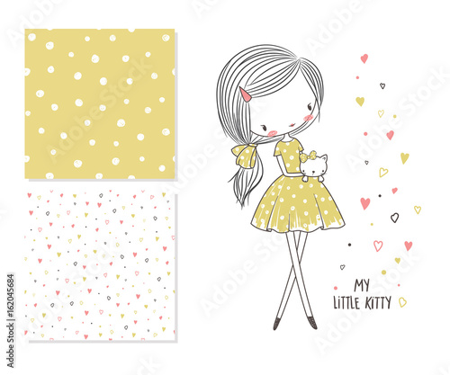 My little kitty. Fashion illustration and 2 seamless patterns