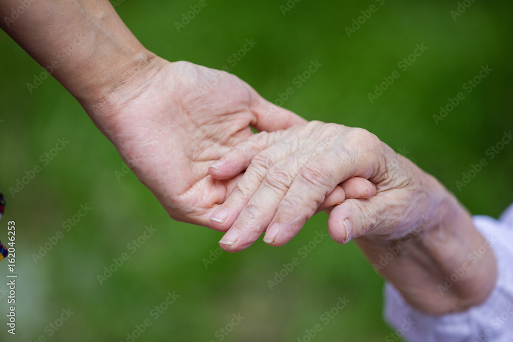 Hands of young adult and senior women over green background Hands of young adult and senior women over green background