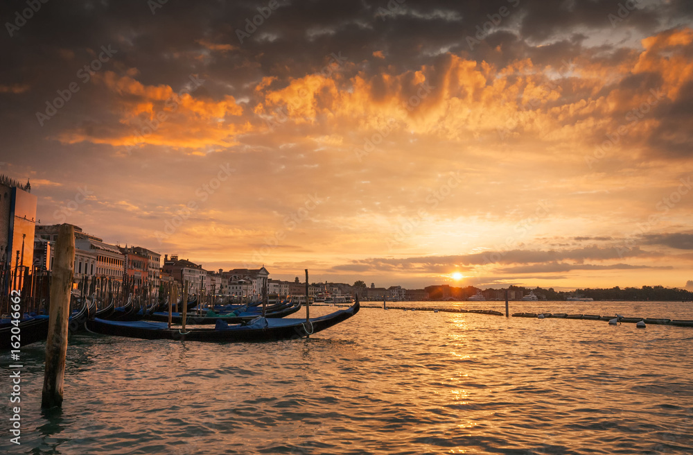Gondolas in the Grand Canal at sunset, Venice, Italy