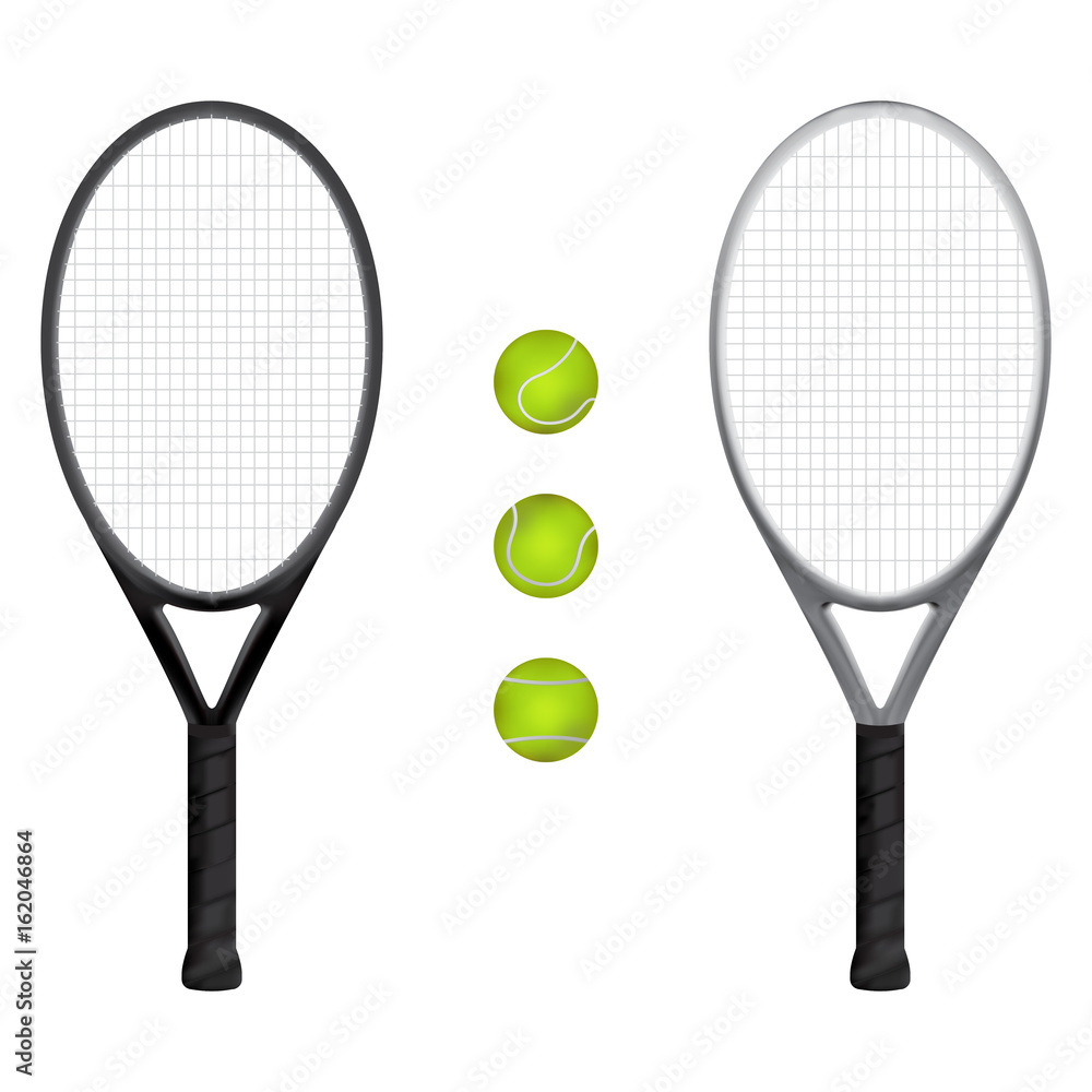 Isolated of aluminium gray and black tennis racket and tennis ball with white background. vector . illustration. graphic design. object.