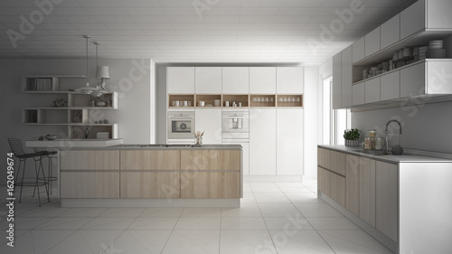 Unfinished project of modern scandinavian kitchen  sketch abstract interior design