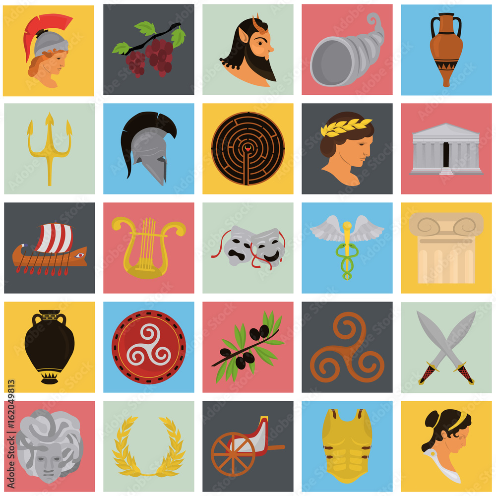 Ancient Greece color flat icons set for web and mobile design