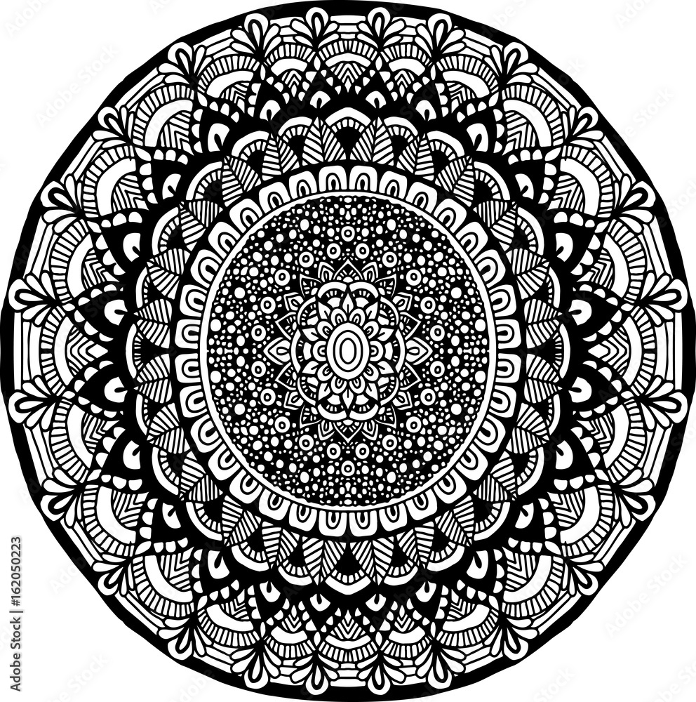Abstract mandala ornament for adult coloring books. Asian pattern. Black and white authentic background.