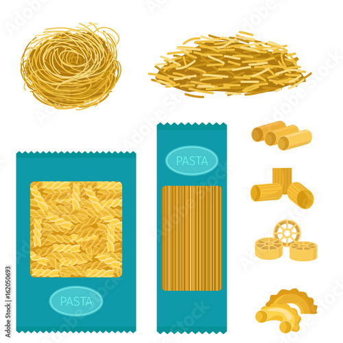 Different types of pasta whole wheat corn rice noodles organic food macaroni yellow nutrition dinner products vector illustration