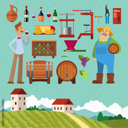 Winery making harvest cellar vineyard glass beverage industry alcohol production vector illustration