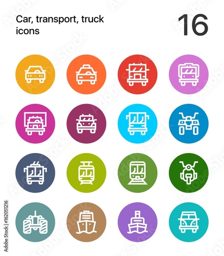 Colorful Car, transport, vehicle, truck, train vector flat line icons for web and mobile applications