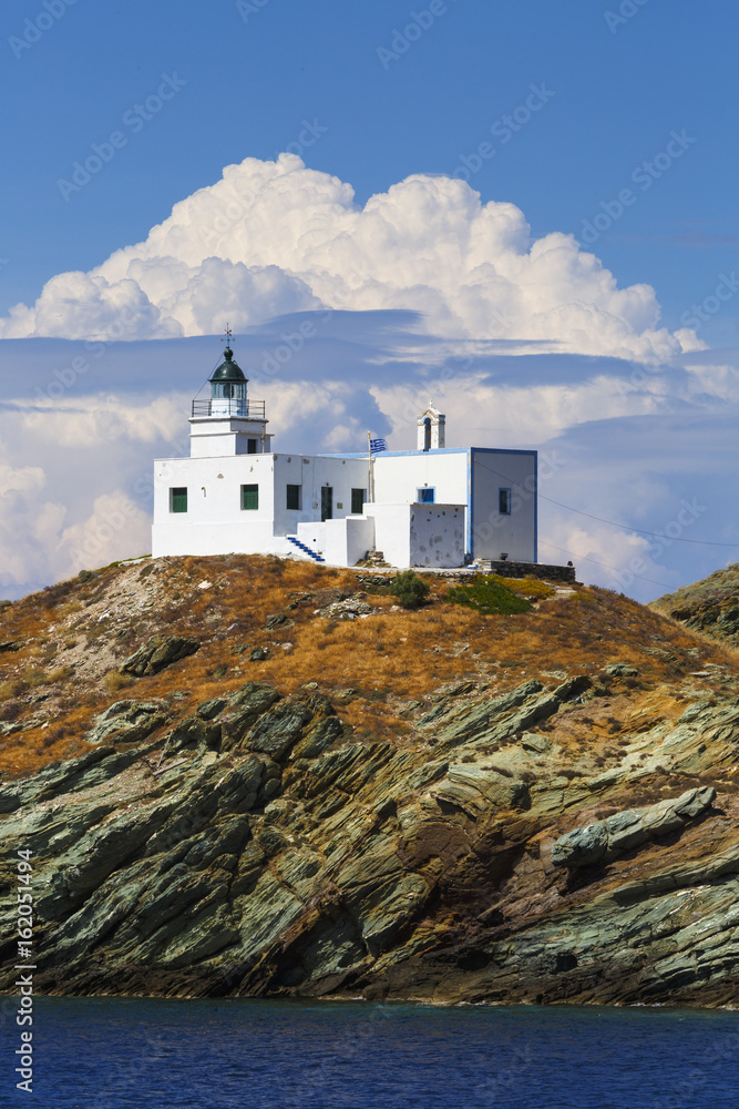 Lighthouse in Korissia, the port of Kea island in Greece.
