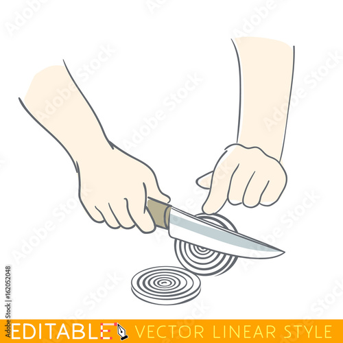 Hands cutting onion. Hand drawn sketch editable stock illustration.