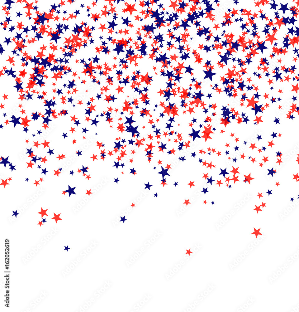 Red and blue stars falling from the sky on white background. 4th of July background
