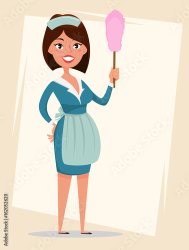Maid, cute smiling girl dressed in classic French maid clothes, holding dust brush. Cartoon character. Cleaning service advertisement. Vector illustration.