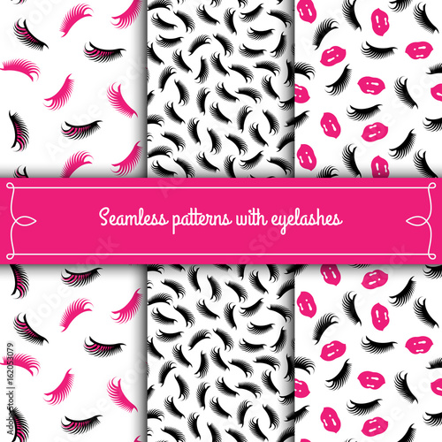 Set of seamless patterns with eyelashes. The element of the corporate style of salon eyelash extensions. Vector template packaging design beauty products