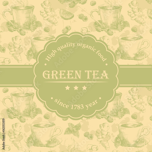 Square vintage background with hand drawn tea elements and round label. Retro banner in light green colors. Stock vector illustration. © annagarmatiy