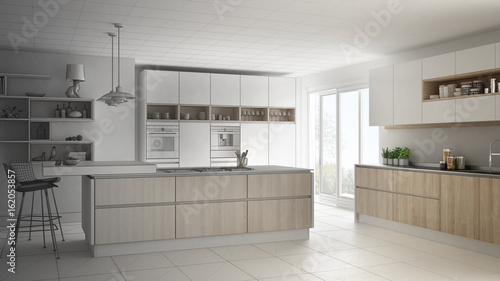 Unfinished project of modern scandinavian kitchen  sketch abstract interior design