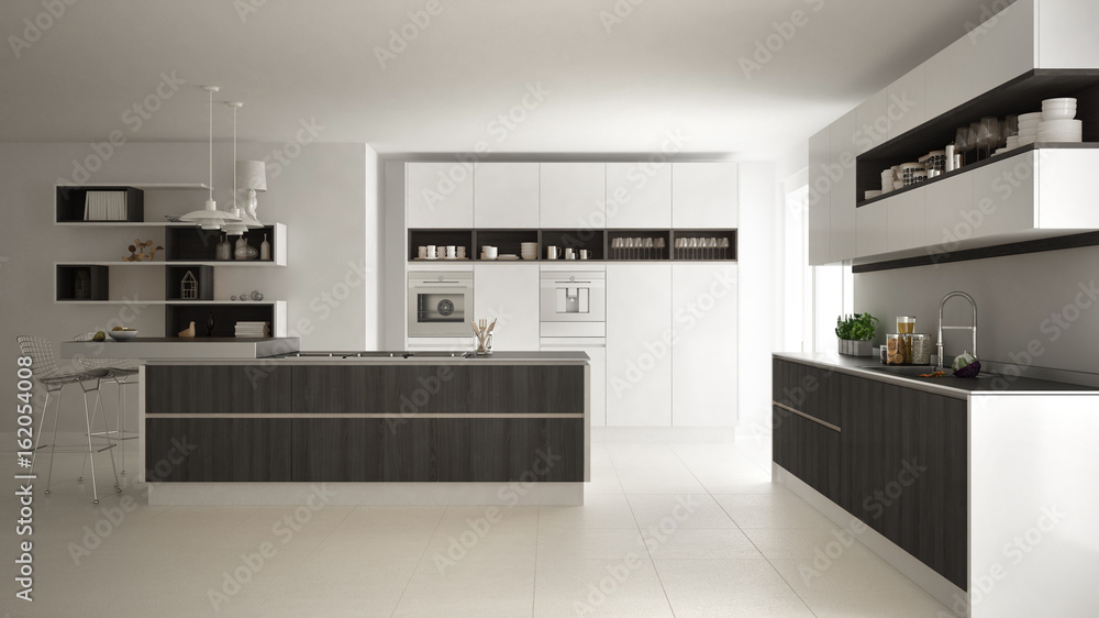 Modern white kitchen with wooden and white details, minimalistic interior design Modern white kitchen with wooden and white details, minimalistic interior design