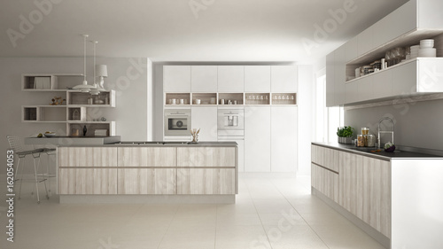 Wallpaper Mural Modern white kitchen with wooden and white details, minimalistic interior design Torontodigital.ca