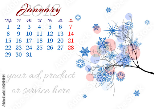 Calendar sheet for 2018 year with marked weekend days on white background. January. Abstract winter tree branch with snow and snowflakes. Week starts with Monday. Vector illustration