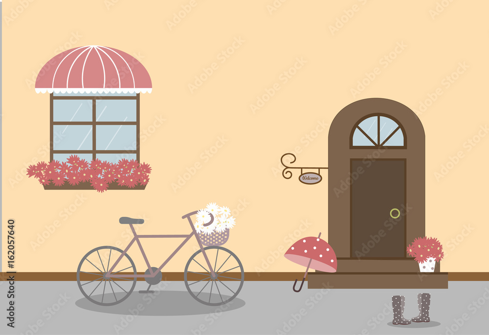 Pretty scenery in a rustic style. A house, window with a striped awning, door, stairs, red flowers. A bike and basket of daisies. Rain boots with polka dots. A cute umbrella. Vector illustration