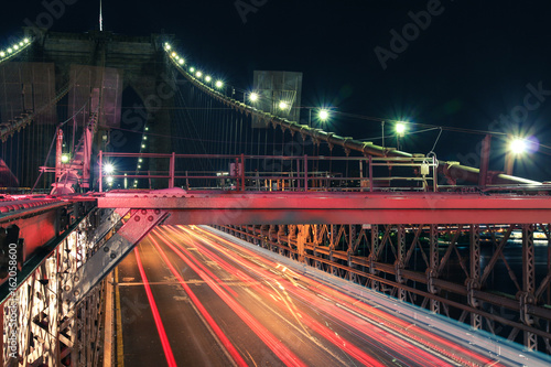 Traffic on the Brooklyn bridge at night, viewed from above. Strong diagonal lines © schtreuman