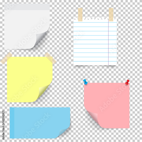 Set of different types stick note isolated on transparent background.