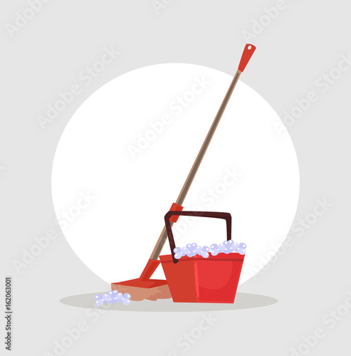 Bucket and mop icon. Cleaning concept. Vector flat cartoon illustration