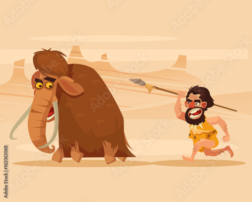 Angry hungry primitive caveman character chasing running hunting mammoth. Vector flat cartoon illustration