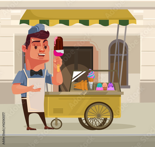 Happy smiling ice cream seller character mascot standing near ice cream car. Vector flat cartoon illustration