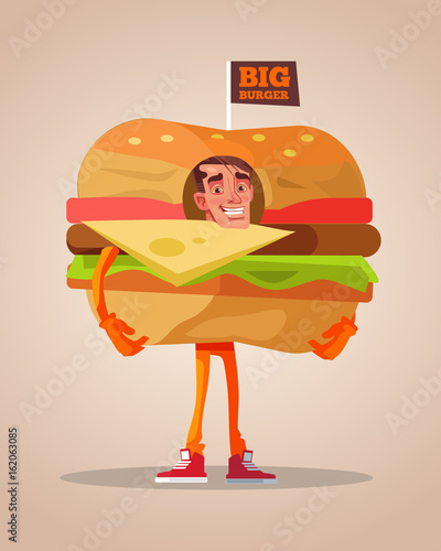 Happy smiling man promoter character mascot dressed in hamburger suit. Vector flat cartoon illustration