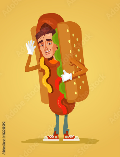 Happy smiling man promoter character mascot dressed in hot dog suit. Vector flat cartoon illustration