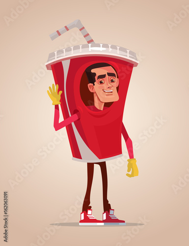 Happy smiling man promoter character mascot dressed in soda suit. Vector flat cartoon illustration