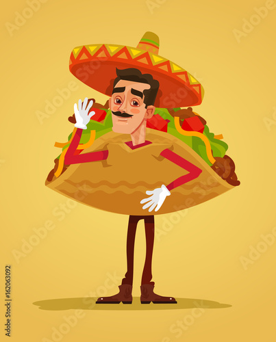 Happy smiling man promoter character mascot dressed in tacos suit. Vector flat cartoon illustration
