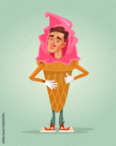 Happy smiling man promoter character mascot dressed in ice cream suit. Vector flat cartoon illustration